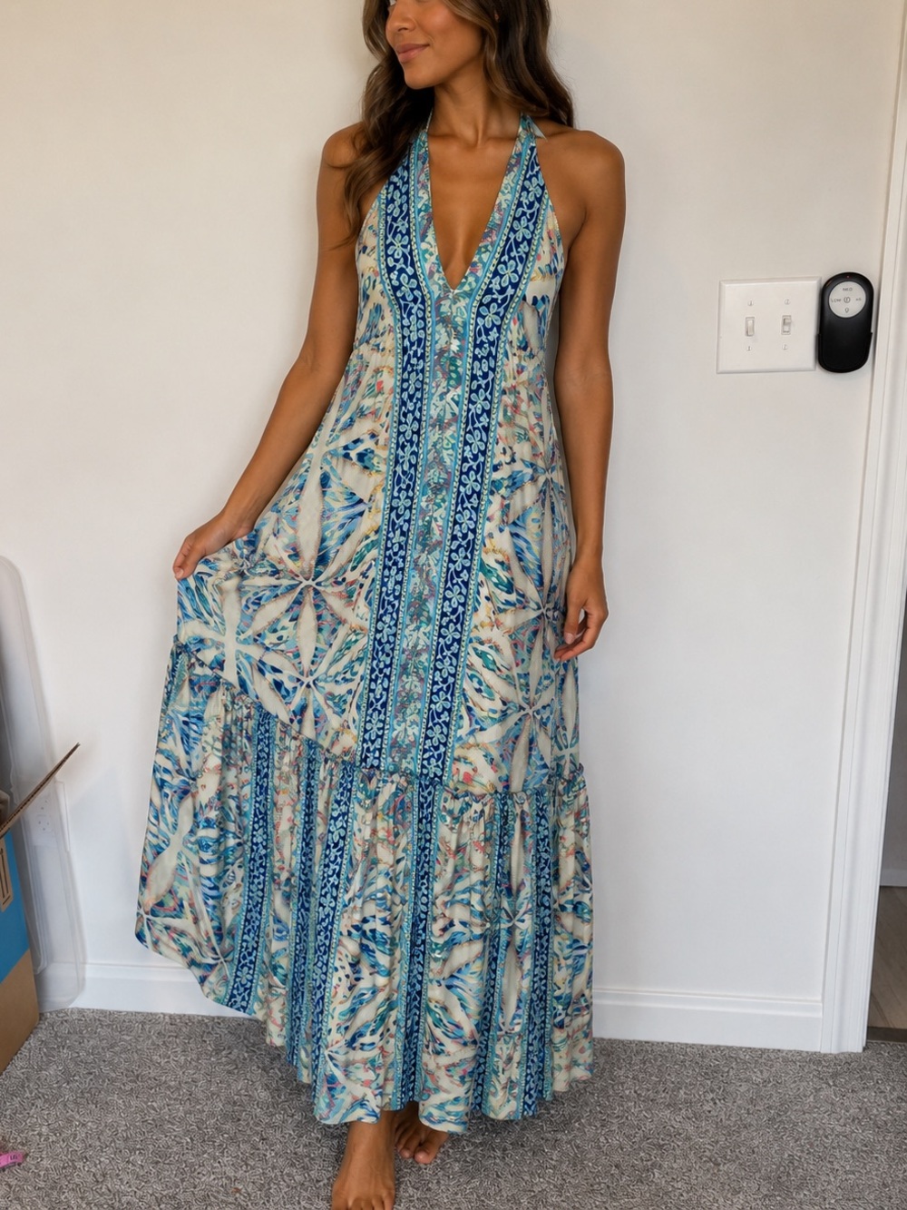NWT Halter V-Neck Maxi Dress in Blue Mosaic Print Size M